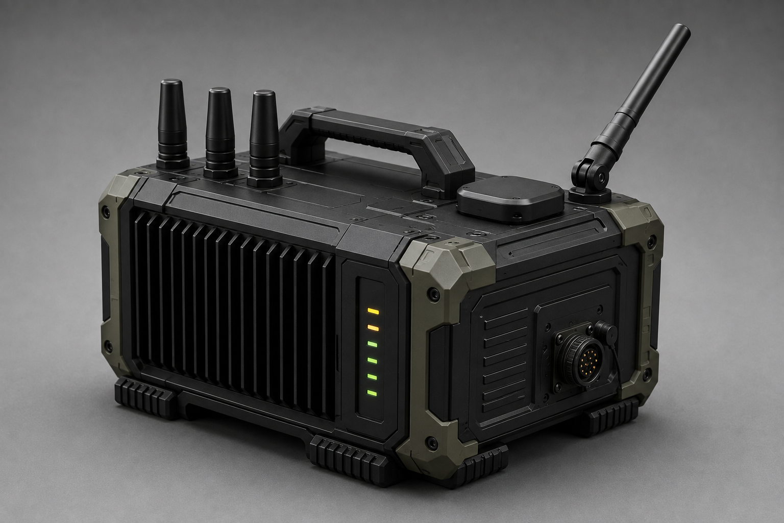 Neursian field detection unit — ruggedized enclosure with multi-band antennas, status telemetry strip, and MIL-spec connector